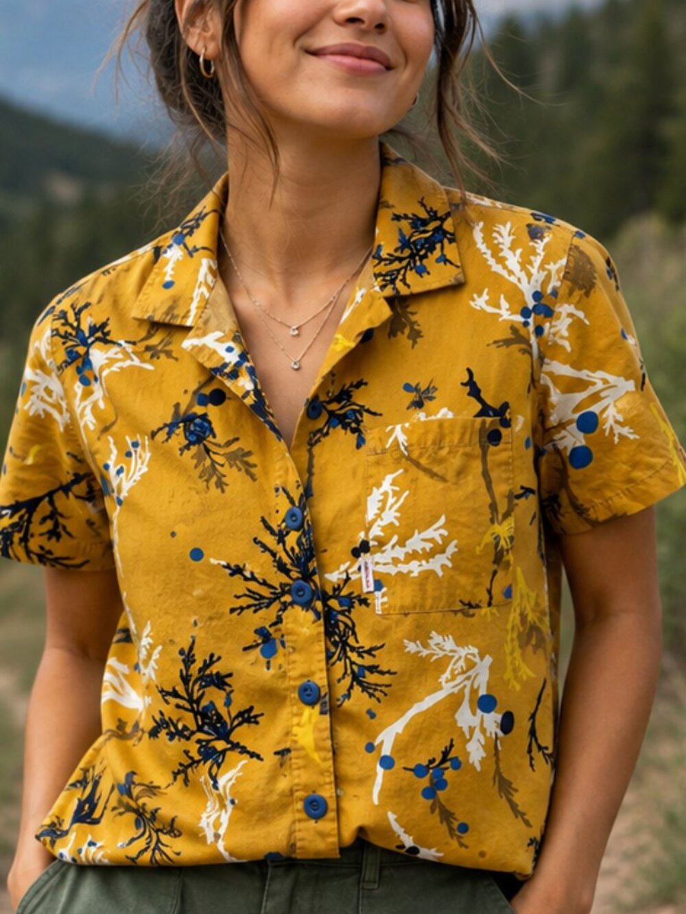 Topo Designs Women’s Tour Shirt Juniper Print Organic Cotton Mustard XS